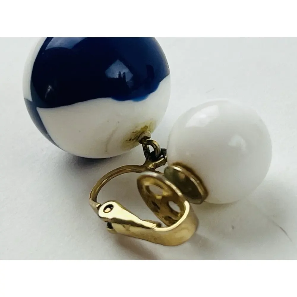 Crown Trifari White Blue Beach Ball Dangle Clip On Earrings Gold Tone Lucite? 80